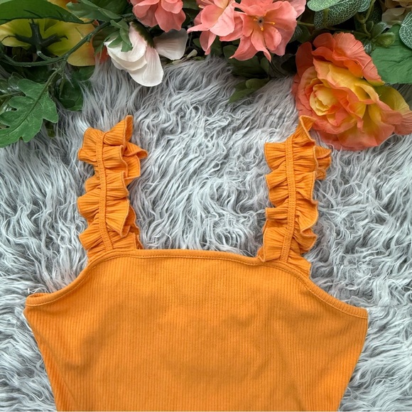 Heatherly Ribbed Orange Citrus Ruffle Strap Bodysuit Cottagecore Y2K XS Petite - Picture 4 of 9
